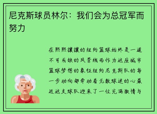 尼克斯球员林尔：我们会为总冠军而努力